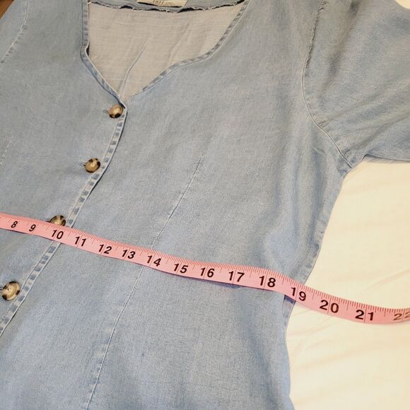 1511 Inc Top Woman XLarge Blue Chambray Fitted Tie Sleeve V-Neck Casual Boho Y2K - Picture 12 of 14
